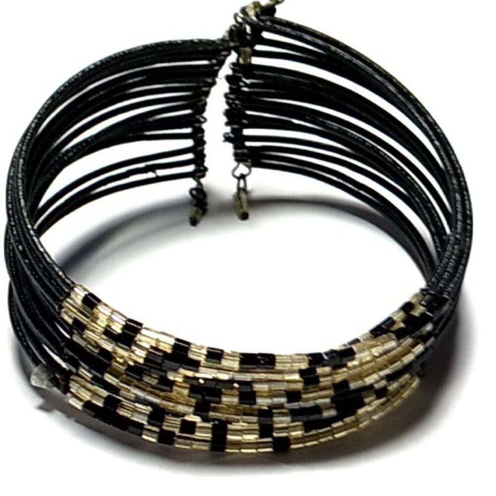 Two's Company Memory Cuff Bracelet Iridescent Black & Bronze Tone Beads NWT